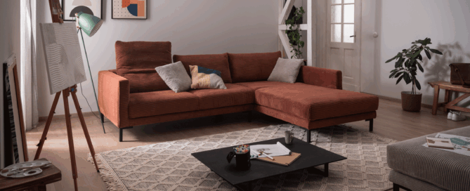 Couch VALENTINO in rostbraun und Cord von ADA Möbel