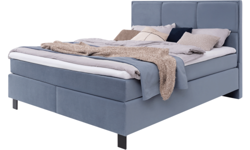 Bett Sidus mit pastellblauem Samtstoff und schwarzen Metallfüßen, sowie Quadratheftung im Kopfteil
