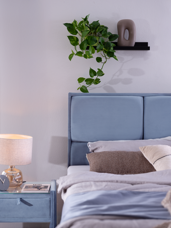 Bett Sidus mit hellblauem Stoff und Steppung im Kopfteil